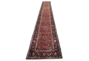 Vintage Coral Red Floral Tribal 3X16 Hamedan Persian Runner Rug