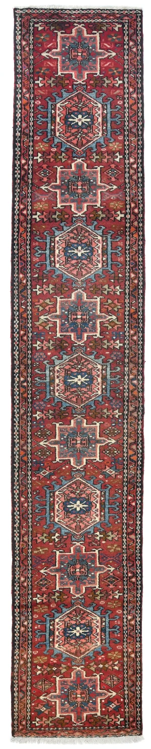 Vintage Red Geometric 2X12 Karajeh Persian Runner Rug