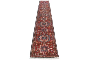 Vintage Red Geometric 2X12 Karajeh Persian Runner Rug