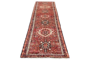 Vintage Red Geometric 3X11 Karajeh Persian Runner Rug