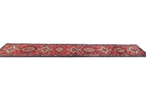 Vintage Red Geometric 2'5X12'0 Karajeh Persian Runner Rug