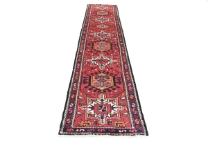 Vintage Red Geometric 2'5X12'0 Karajeh Persian Runner Rug