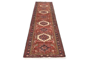 Vintage Red Geometric 2'5 X 9'9 Karajeh Persian Runner Rug