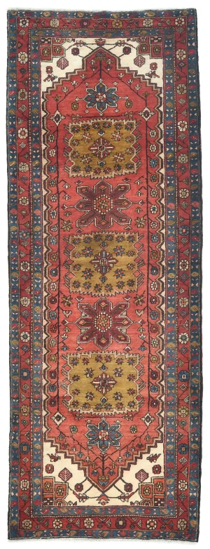 Vintage Red  Geometric Tribal 4X11 Heriz Persian Runner Rug