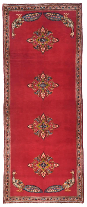 Vintage Red Pictorial Floral 3'8X8'6 Kashan Persian Rug