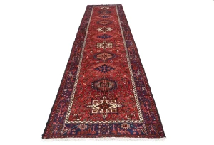 Vintage Red Geometric 3'6X14'7 Karajeh Persian Runner Rug