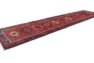 Vintage Red Geometric 3'6X14'7 Karajeh Persian Runner Rug