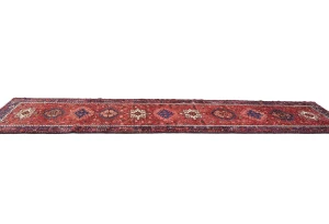 Vintage Red Geometric 3'6X14'7 Karajeh Persian Runner Rug