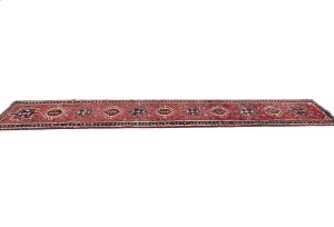 Vintage Red Geometric 2X12 Karajeh Persian Runner Rug