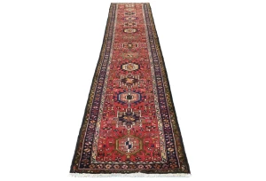 Vintage Red Geometric 3X12 Karajeh Persian Runner Rug