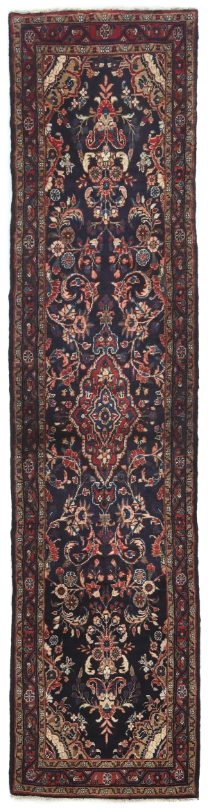 Vintage Dark Purple-navy Floral Tribal 3X12 Hamedan Persian Runner Rug