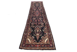 Vintage Dark Purple-navy Floral Tribal 3X12 Hamedan Persian Runner Rug