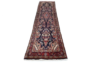 Vintage Dark Purple-navy Floral Tribal 3X12 Hamedan Persian Runner Rug