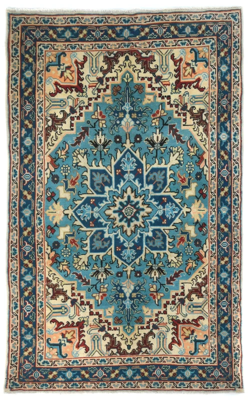 Vintage Blue Floral Traditional 4'7X7'6 Heriz Ardebil Persian Rug