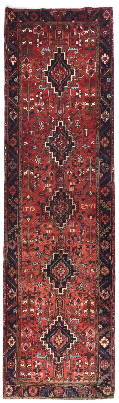 Vintage Red Geometric 3'8 X 11'5 Karajeh Persian Runner Rug