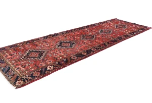 Vintage Red Geometric 3'8X11'5 Karajeh Persian Runner Rug