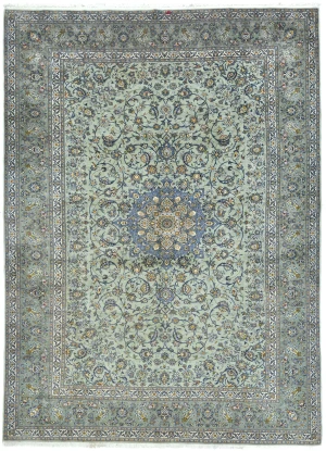 Vintage Green Traditional Floral 10X14 Kashan Persian Rug