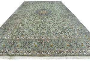 Vintage Green Traditional Floral 10X14 Kashan Persian Rug