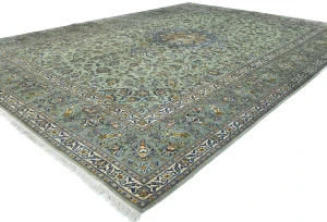 Vintage Green Traditional Floral 10X14 Kashan Persian Rug