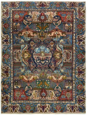 Vintage Multicolored Pictorial 10X13 Kashmar Persian Rug