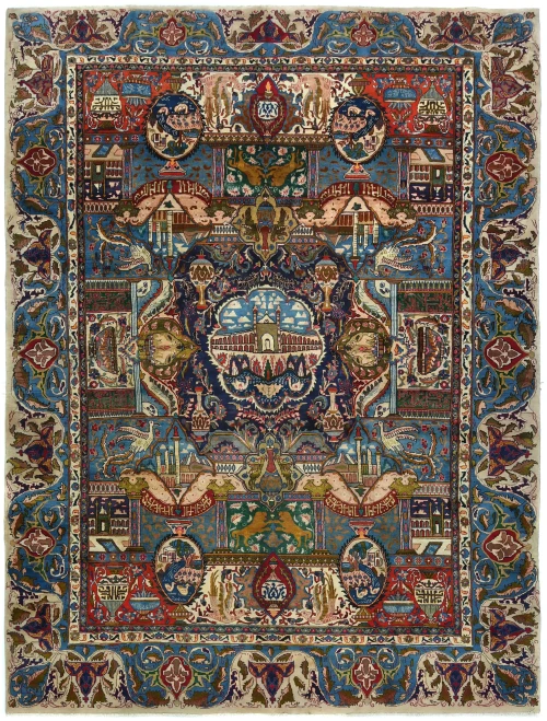 Vintage Multicolored Pictorial 10X13 Kashmar Persian Rug