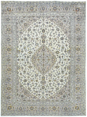 Vintage Cream Floral Traditional 10X13 Kashan Persian Rug