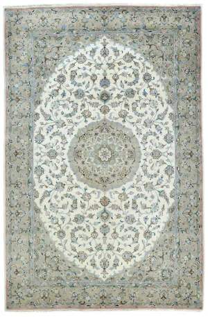 Vintage Cream Floral Traditional 6'5 X 9'7 Kashan Persian Rug