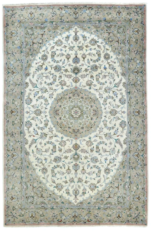 Vintage Cream Floral Traditional 6'5 X 9'7 Kashan Persian Rug
