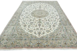 Vintage Cream Floral Traditional 6'5 X 9'7 Kashan Persian Rug