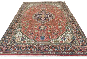 Vintage Coral Red Floral Traditional 7X10 Tabriz Persian Rug