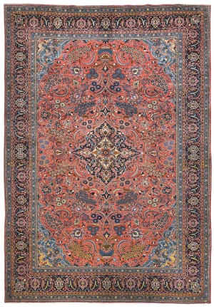 Vintage Coral Pink Floral 9X13 Sarouk Persian Rug