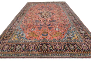 Vintage Coral Pink Floral 9X13 Sarouk Persian Rug