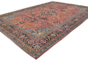 Vintage Coral Pink Floral 9X13 Sarouk Persian Rug