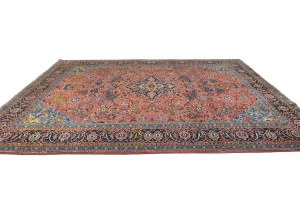 Vintage Coral Pink Floral 9X13 Sarouk Persian Rug