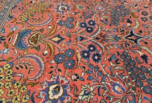 Vintage Coral Pink Floral 9X13 Sarouk Persian Rug