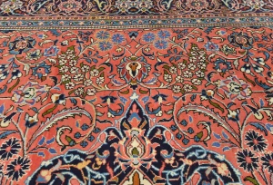 Vintage Coral Pink Floral 9X13 Sarouk Persian Rug
