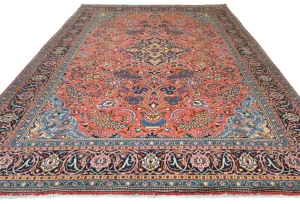 Vintage Coral Pink Floral 9X13 Sarouk Persian Rug