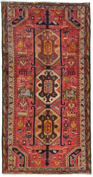 Vintage Coral Red Pictorial Tribal 5'0X10'5 Heriz Persian Runner Rug