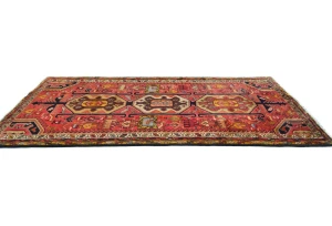 Vintage Coral Red Pictorial Tribal 5'0X10'5 Heriz Persian Runner Rug