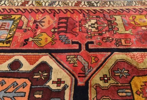 Vintage Coral Red Pictorial Tribal 5'0X10'5 Heriz Persian Runner Rug