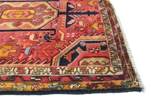Vintage Coral Red Pictorial Tribal 5'0X10'5 Heriz Persian Runner Rug