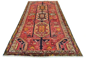 Vintage Coral Red Pictorial Tribal 5'0X10'5 Heriz Persian Runner Rug
