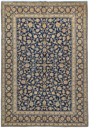 Vintage Dark Navy Floral Traditional 9X13 Kashan Persian Rug