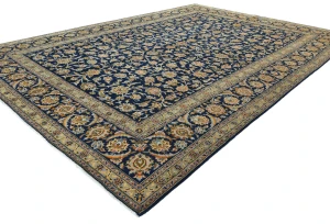 Vintage Dark Navy Floral Traditional 9X13 Kashan Persian Rug
