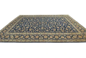 Vintage Dark Navy Floral Traditional 9X13 Kashan Persian Rug