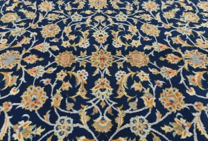 Vintage Dark Navy Floral Traditional 9X13 Kashan Persian Rug