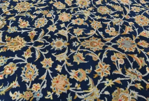 Vintage Dark Navy Floral Traditional 9X13 Kashan Persian Rug