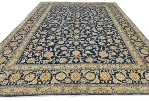 Vintage Dark Navy Floral Traditional 9X13 Kashan Persian Rug