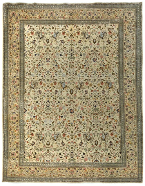 Vintage Cream Floral Traditional 9X12 Tabriz Persian Rug