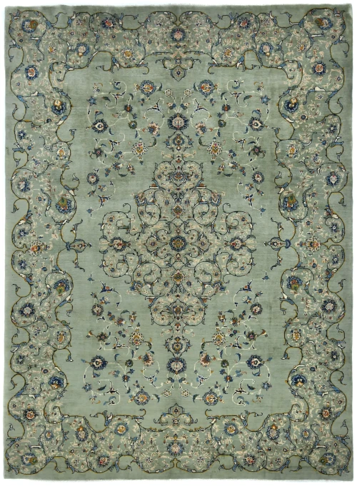 Vintage Sage Green Traditional 10x13 Kashan Persian Rug